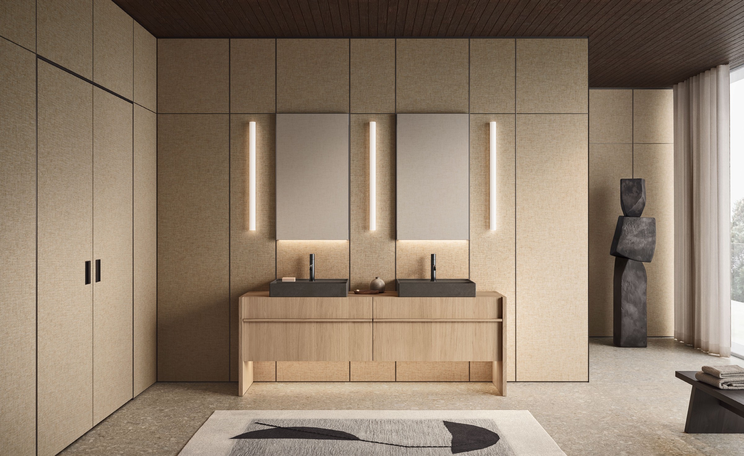 Noorth Franq bathroom with timber cabinetry and twin sculpted basins