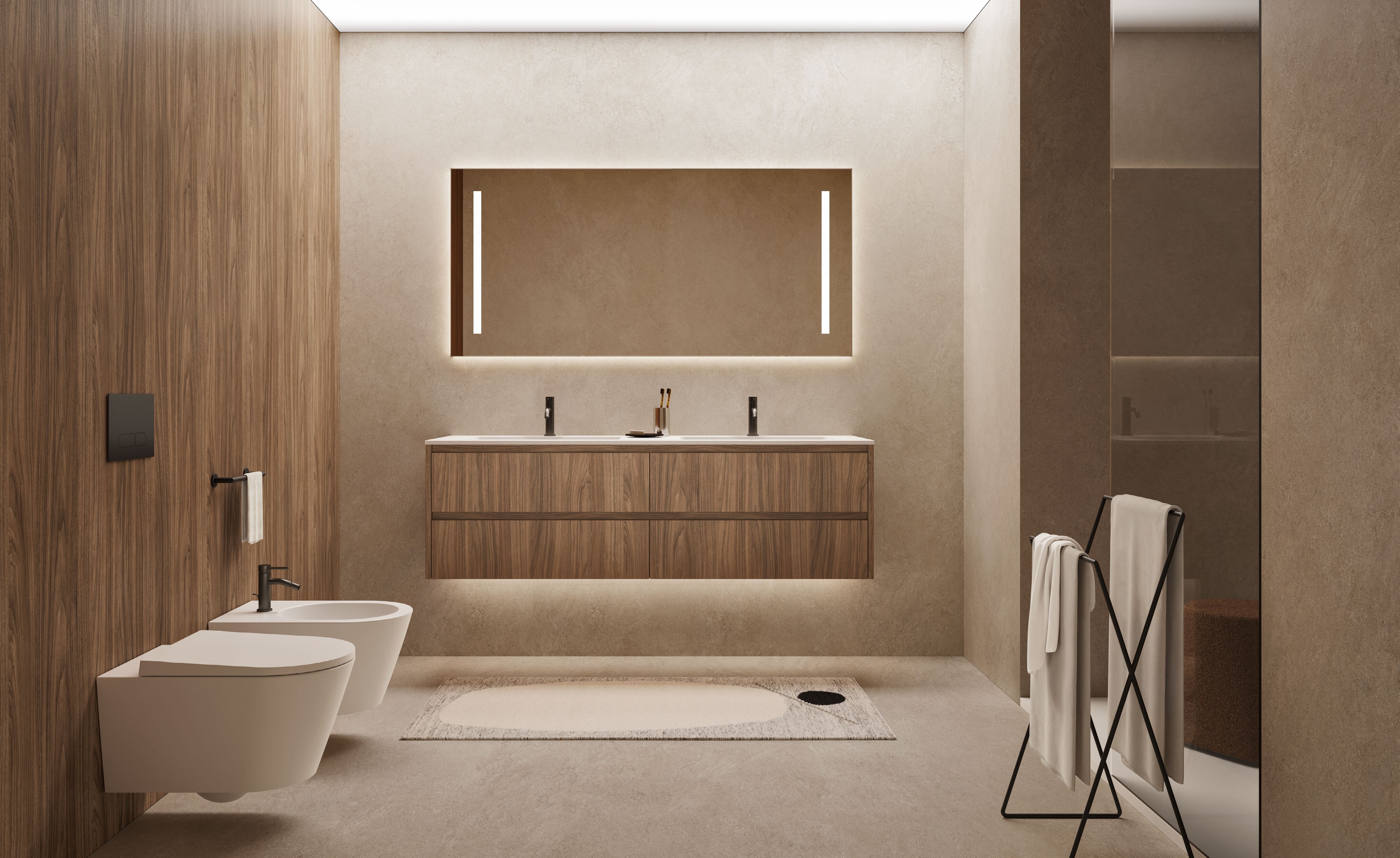 Noorth Beta 26.05 bathroom with a timber double vanity and illuminated mirror